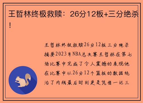 王哲林终极救赎：26分12板+三分绝杀！